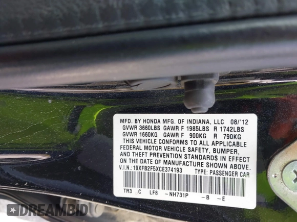 2012 Honda Civic LX with VIN 19XFB2F5XCE374193, listed as a IAAI auction lot 42158938 with 157,183 mi miles and . Bid and sale history available at DreamBid. Image 9.