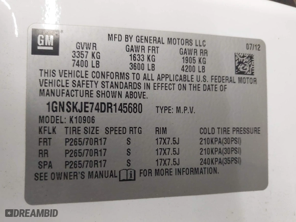 2013 Chevrolet Suburban LT with VIN 1GNSKJE74DR145680, listed as a IAAI auction lot 42114209 with 178,052 mi miles. Bid and sale history available at carsss.com. Image 9.