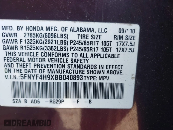 2011 Honda Pilot Touring z VIN 5FNYF4H9XBB040893, wystawiony jako IAAI lot #41933530 z przebiegiem 161 725 mil mil oraz . Historia ofert i sprzedaży dostępna na DreamBid. Obrazek 9.
