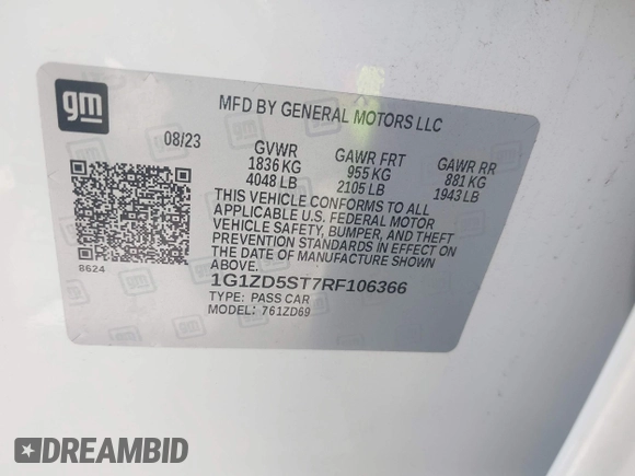 2024 Chevrolet Malibu LT with VIN 1G1ZD5ST7RF106366, listed as a IAAI auction lot 42245722 with 45,185 mi miles and . Bid and sale history available at DreamBid. Image 9.
