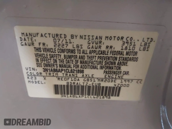 2012 Nissan Sentra S with VIN 3N1AB6AP1CL621898, listed as a IAAI auction lot 42378952 with 123,379 mi miles and . Bid and sale history available at DreamBid. Image 9.