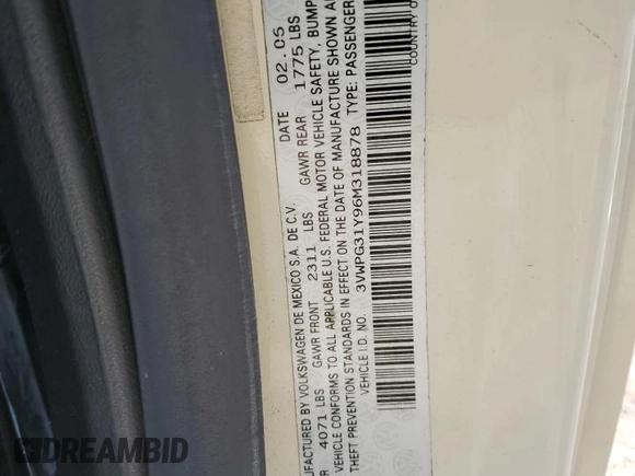 2006 Volkswagen Beetle z VIN 3VWPG31Y96M318878, wystawiony jako Copart lot #55155785 z przebiegiem 76 606 mil mil oraz Szkoda całkowita • Salvage title. Historia ofert i sprzedaży dostępna na DreamBid. Obrazek 12.