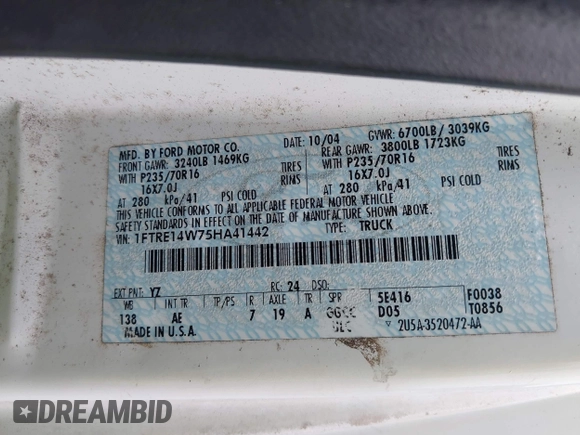 2005 Ford Econoline Cargo with VIN 1FTRE14W75HA41442, listed as a IAAI auction lot 42438411 with 197,241 mi miles and . Bid and sale history available at DreamBid. Image 9.