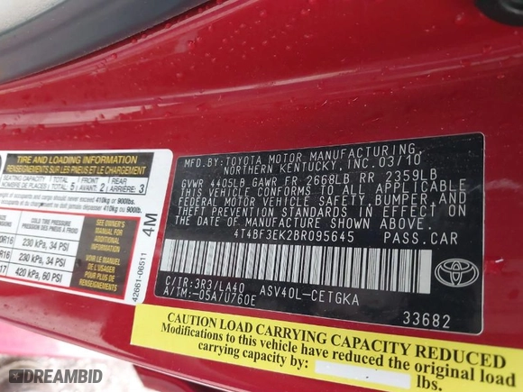 2011 Toyota Camry LE with VIN 4T4BF3EK2BR095645, listed as a IAAI auction lot 41522928 with 1 mi miles. Bid and sale history available at carsss.com. Image 8.