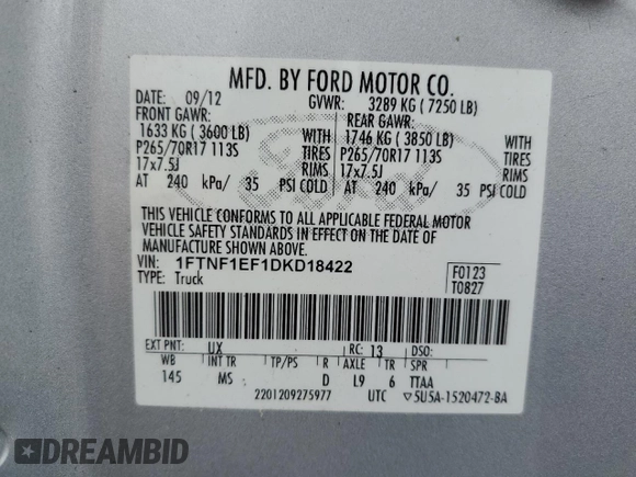 2013 Ford F-150 XL with VIN 1FTNF1EF1DKD18422, listed as a Copart auction lot 60197545 with 82,179 mi miles and Clean title. Bid and sale history available at DreamBid. Image 12.