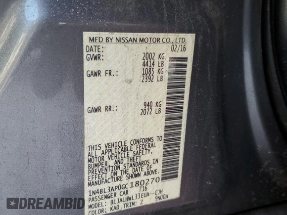 2016 Nissan Altima SL with VIN 1N4BL3AP0GC180270, listed as a Copart auction lot 47370785 with 147,084 mi miles and Salvage title. Bid and sale history available at DreamBid. Image 12.