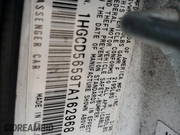 1996 Honda Accord EX with VIN 1HGCD5659TA162968, listed as a Copart auction lot 62536334 with 177,385 mi miles and Salvage Title. Bid and sale history available at DreamBid. Image 12.