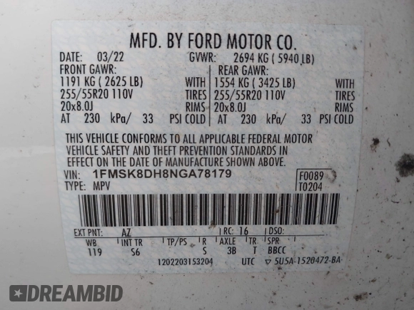 2022 Ford Explorer XLT с VIN 1FMSK8DH8NGA78179, выставлен на аукционе IAAI как лот 42208772 с пробегом 74 674 миль миль и . История ставок и продаж доступна на DreamBid. Изображение 9.