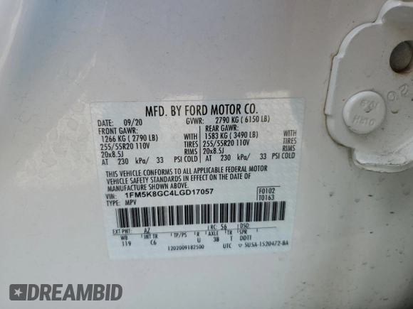 2020 Ford Explorer ST with VIN 1FM5K8GC4LGD17057, listed as a Copart auction lot 46979045 with 37,832 mi miles and Salvage Title. Bid and sale history available at DreamBid. Image 13.