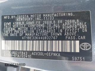 2004 Toyota Camry LE z VIN 4T1BE32K44U832767, wystawiony jako IAAI lot #42041228 z przebiegiem 185 778 mil mil oraz . Historia ofert i sprzedaży dostępna na DreamBid. Obrazek 9.