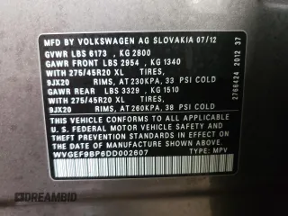 2013 Volkswagen Touareg Lux with VIN WVGEF9BP6DD002607, listed as a Copart auction lot 83420704 with 143,571 mi miles and Salvage Title. Bid and sale history available at DreamBid. Image 12.