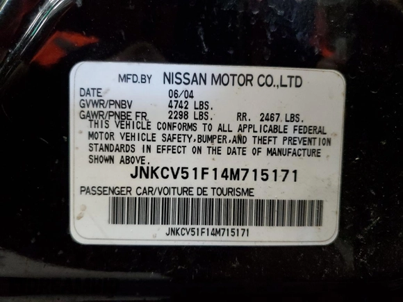 2004 Infiniti G35 w/Leather with VIN JNKCV51F14M715171, listed as a Copart auction lot 53709915 with 193,976 mi miles and Non Repairable. Bid and sale history available at DreamBid. Image 12.
