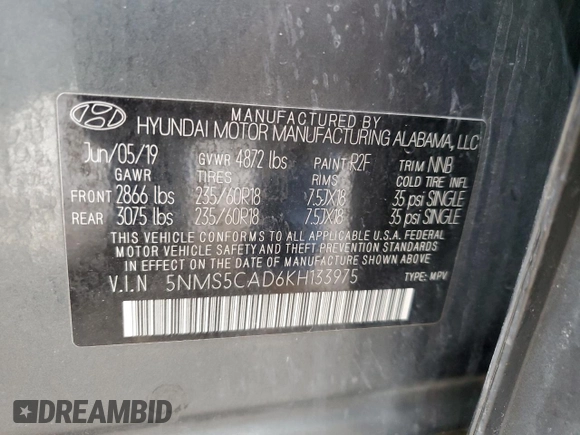 2019 Hyundai Santa Fe Limited with VIN 5NMS5CAD6KH133975, listed as a Copart auction lot 81969714 with 99,275 mi miles and Salvage Title. Bid and sale history available at carsss.com. Image 15.