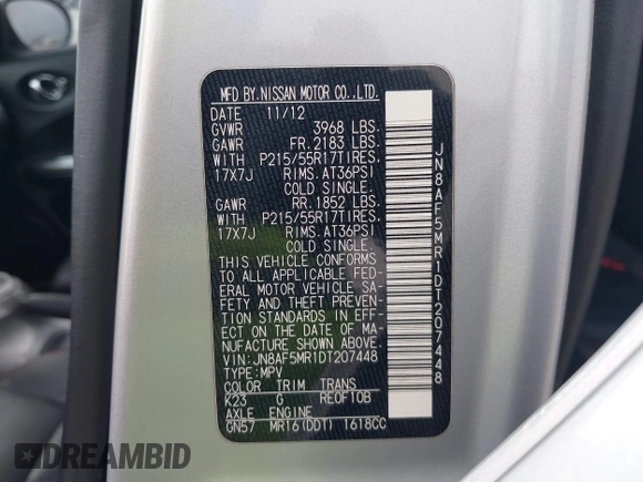 2013 Nissan Juke S with VIN JN8AF5MR1DT207448, listed as a IAAI auction lot 42702355 with 144,397 mi miles and . Bid and sale history available at DreamBid. Image 9.