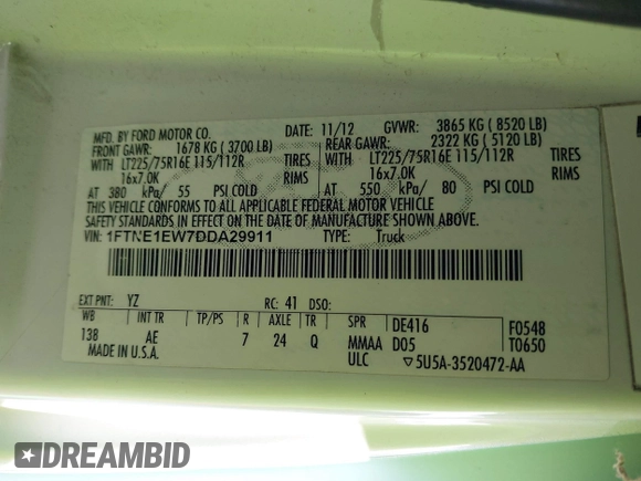 2013 Ford Econoline Cargo Commercial with VIN 1FTNE1EW7DDA29911, listed as a IAAI auction lot 41566691 with 166,860 mi miles and . Bid and sale history available at carsss.com. Image 9.