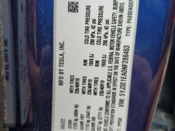 2022 Tesla Model 3 with VIN 5YJ3E1EA0NF286463, listed as a Copart auction lot 52370315 with 89,064 mi miles and Clean Title. Bid and sale history available at carsss.com. Image 13.