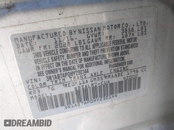 2017 Nissan Sentra SR z VIN 3N1AB7AP0HY230144, wystawiony jako IAAI lot #41826101 z przebiegiem 166 087 mil mil oraz . Historia ofert i sprzedaży dostępna na DreamBid. Obrazek 9.