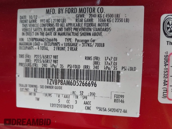 2013 Ford Mustang V6 with VIN 1ZVBP8AM6D5266696, listed as a IAAI auction lot 42472212 with 144,914 mi miles and . Bid and sale history available at DreamBid. Image 9.
