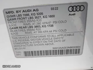 2022 Audi e-tron Sportback S line Premium Plus with VIN WA12AAGE3NB030824, listed as a IAAI auction lot 41395301 with 14,009 mi miles. Bid and sale history available at carsss.com. Image 9.