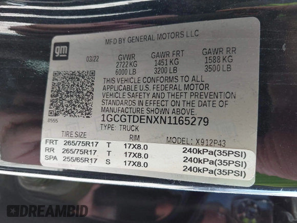 2022 Chevrolet Colorado 4WD Z71 with VIN 1GCGTDENXN1165279, listed as a IAAI auction lot 39042352 with Not provided miles and . Bid and sale history available at DreamBid. Image 9.
