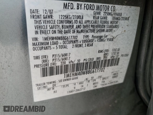 2008 Mercury Sable с VIN 1MEHM40W88G617702, выставлен на аукционе Copart как лот 72220634 с пробегом 214 661 миль миль и Списание • Salvage title. История ставок и продаж доступна на DreamBid. Изображение 12.