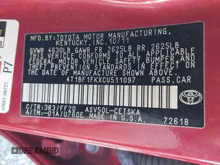 2012 Toyota Camry L with VIN 4T1BF1FKXCU511097, listed as a IAAI auction lot 41316684 with 170,397 mi miles. Bid and sale history available at carsss.com. Image 9.