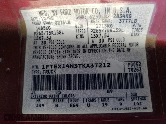 1996 Ford F-150 with VIN 1FTEX14N3TKA37212, listed as a Copart auction lot 70519994 with 136,624 mi miles and Salvage Title. Bid and sale history available at carsss.com. Image 15.