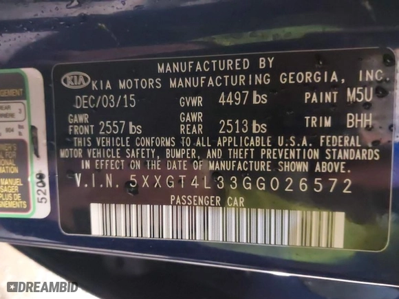 2016 Kia Optima LX with VIN 5XXGT4L33GG026572, listed as a IAAI auction lot 41514872 with 135,423 mi miles. Bid and sale history available at carsss.com. Image 9.