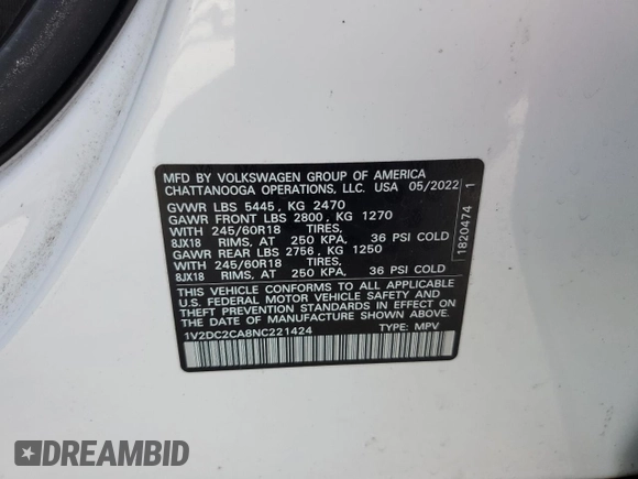 2022 Volkswagen Atlas SE with VIN 1V2DC2CA8NC221424, listed as a Copart auction lot 86362754 with 43,009 mi miles and Non repairable. Bid and sale history available at DreamBid. Image 14.