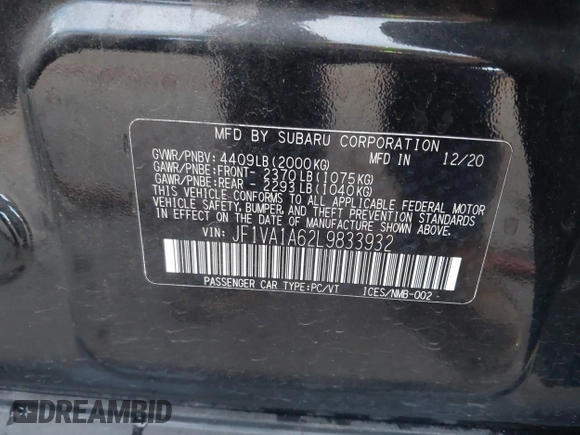 2020 Subaru WRX with VIN JF1VA1A62L9833932, listed as a IAAI auction lot 41265453 with 61,032 mi miles. Bid and sale history available at carsss.com. Image 9.
