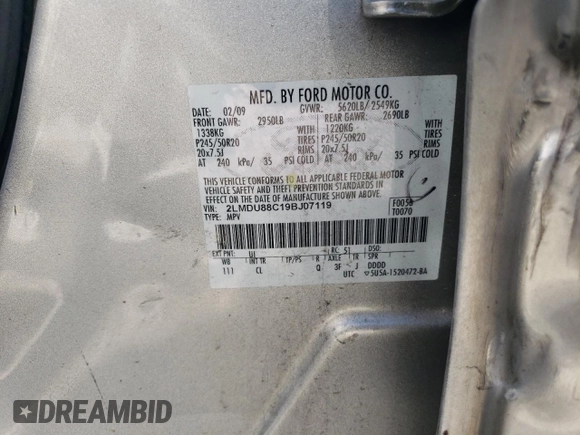 2009 Lincoln MKX with VIN 2LMDU88C19BJ07119, listed as a Copart auction lot 51931955 with 189,277 mi miles and Salvage Title. Bid and sale history available at DreamBid. Image 13.