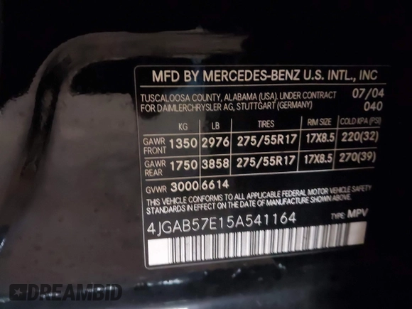 2005 Mercedes-Benz M 350 with VIN 4JGAB57E15A541164, listed as a IAAI auction lot 42179617 with 206,517 mi miles and . Bid and sale history available at DreamBid. Image 9.