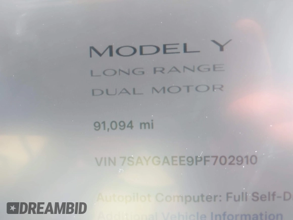 2023 Tesla Model Y Long Range with VIN 7SAYGAEE9PF702910, listed as a IAAI auction lot 42199519 with 91,094 mi miles and . Bid and sale history available at DreamBid. Image 15.