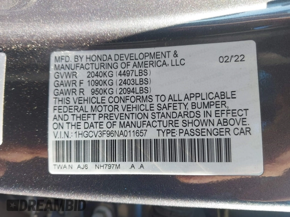 2022 Honda Accord Touring with VIN 1HGCV3F96NA011657, listed as a IAAI auction lot 41701375 with 13,681 mi miles and . Bid and sale history available at DreamBid. Image 9.