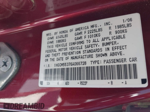2006 Honda Accord LX SE with VIN 1HGCM55376A066728, listed as a IAAI auction lot 42478210 with 155,731 mi miles and . Bid and sale history available at DreamBid. Image 9.