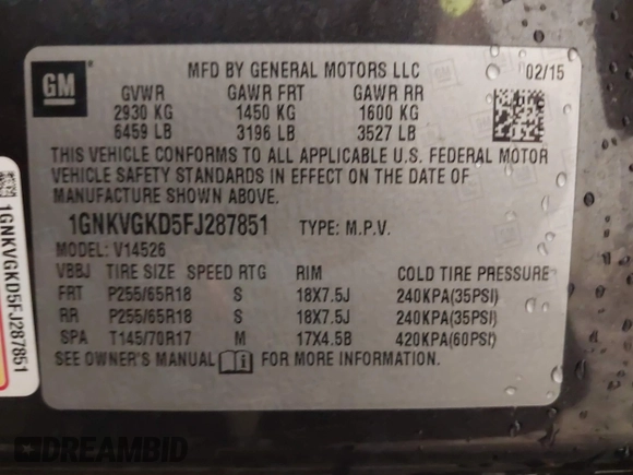 2015 Chevrolet Traverse LT с VIN 1GNKVGKD5FJ287851, выставлен на аукционе IAAI как лот 42415934 с пробегом 123 143 миль миль и . История ставок и продаж доступна на DreamBid. Изображение 9.