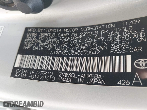 2010 Toyota Prius II with VIN JTDKN3DU8A0090542, listed as a IAAI auction lot 41699829 with 249,763 mi miles and . Bid and sale history available at DreamBid. Image 9.
