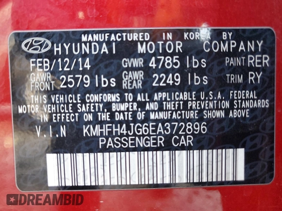 2014 Hyundai Azera Limited z VIN KMHFH4JG6EA372896, wystawiony jako Copart lot #49536095 z przebiegiem Nie podano mil oraz Czysty tytuł • Clean title. Historia ofert i sprzedaży dostępna na DreamBid. Obrazek 14.