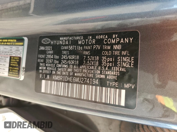 2021 Hyundai Palisade SE z VIN KM8R1DHE6MU274194, wystawiony jako Copart lot #82611854 z przebiegiem Nie podano mil oraz Szkoda całkowita • Salvage title. Historia ofert i sprzedaży dostępna na DreamBid. Obrazek 13.