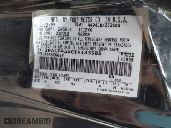 1996 Ford Mustang GT with VIN 1FALP45X0TF133385, listed as a IAAI auction lot 42060901 with 205,228 mi miles and . Bid and sale history available at DreamBid. Image 9.