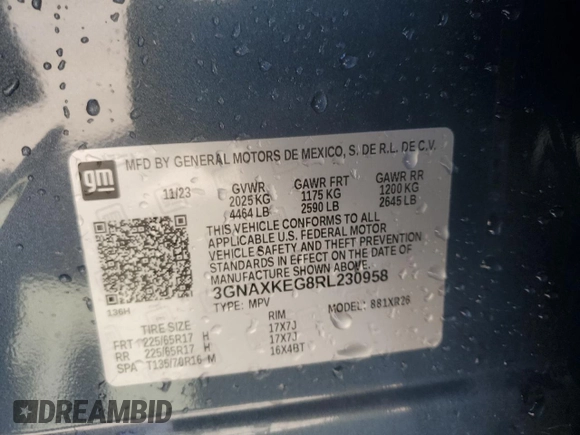 2024 Chevrolet Equinox LT with VIN 3GNAXKEG8RL230958, listed as a Copart auction lot 49583305 with 33,239 mi miles and Salvage Title. Bid and sale history available at DreamBid. Image 13.