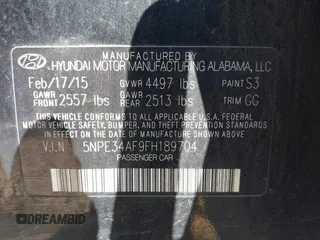 2015 Hyundai Sonata Limited with VIN 5NPE34AF9FH189704, listed as a IAAI auction lot 41774078 with 175,042 mi miles and . Bid and sale history available at carsss.com. Image 9.