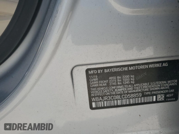 2020 BMW 5 Series 530i with VIN WBAJR3C08LCD58859, listed as a Copart auction lot 49281105 with 64,408 mi miles and Clean Title. Bid and sale history available at DreamBid. Image 12.