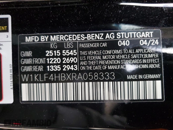 2024 Mercedes-Benz E-Class E 350 with VIN W1KLF4HBXRA058333, listed as a Copart auction lot 46512315 with 5,503 mi miles and Salvage Title. Bid and sale history available at carsss.com. Image 12.