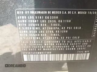 2021 Volkswagen Tiguan SE z VIN 3VV3B7AX5MM027369, wystawiony jako IAAI lot #42082821 z przebiegiem 74 024 mil mil oraz . Historia ofert i sprzedaży dostępna na DreamBid. Obrazek 9.
