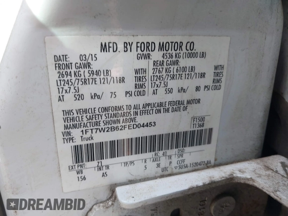 2015 Ford F-250 Lariat with VIN 1FT7W2B62FED04453, listed as a IAAI auction lot 41879422 with 313,725 mi miles and . Bid and sale history available at DreamBid. Image 9.