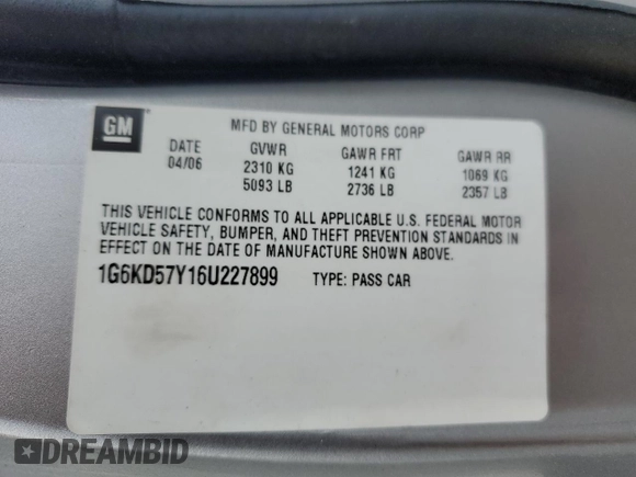 2006 Cadillac DTS 1SC z VIN 1G6KD57Y16U227899, wystawiony jako Copart lot #51848255 z przebiegiem Nie podano mil oraz Szkoda całkowita • Salvage title. Historia ofert i sprzedaży dostępna na DreamBid. Obrazek 15.