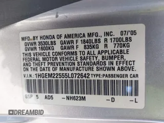 2005 Honda Civic LX with VIN 1HGEM22555L072642, listed as a IAAI auction lot 42008419 with 176,152 mi miles and . Bid and sale history available at DreamBid. Image 9.