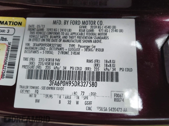 2013 Ford Fusion SE with VIN 3FA6P0H95DR327580, listed as a IAAI auction lot 42480224 with 115,978 mi miles and . Bid and sale history available at DreamBid. Image 9.