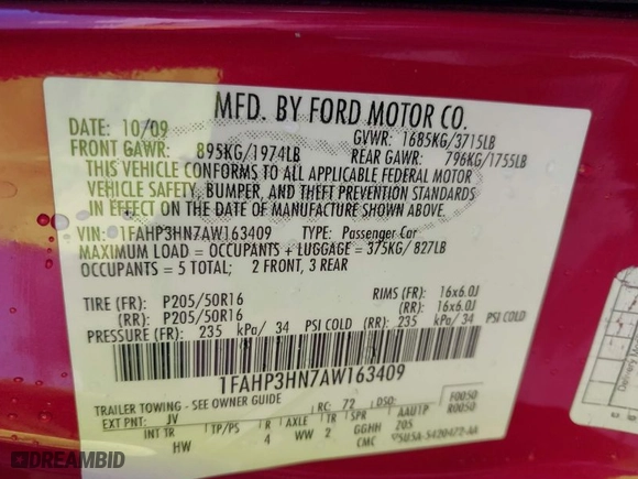 2010 Ford Focus SEL with VIN 1FAHP3HN7AW163409, listed as a IAAI auction lot 41965576 with 1 mi miles. Bid and sale history available at carsss.com. Image 9.